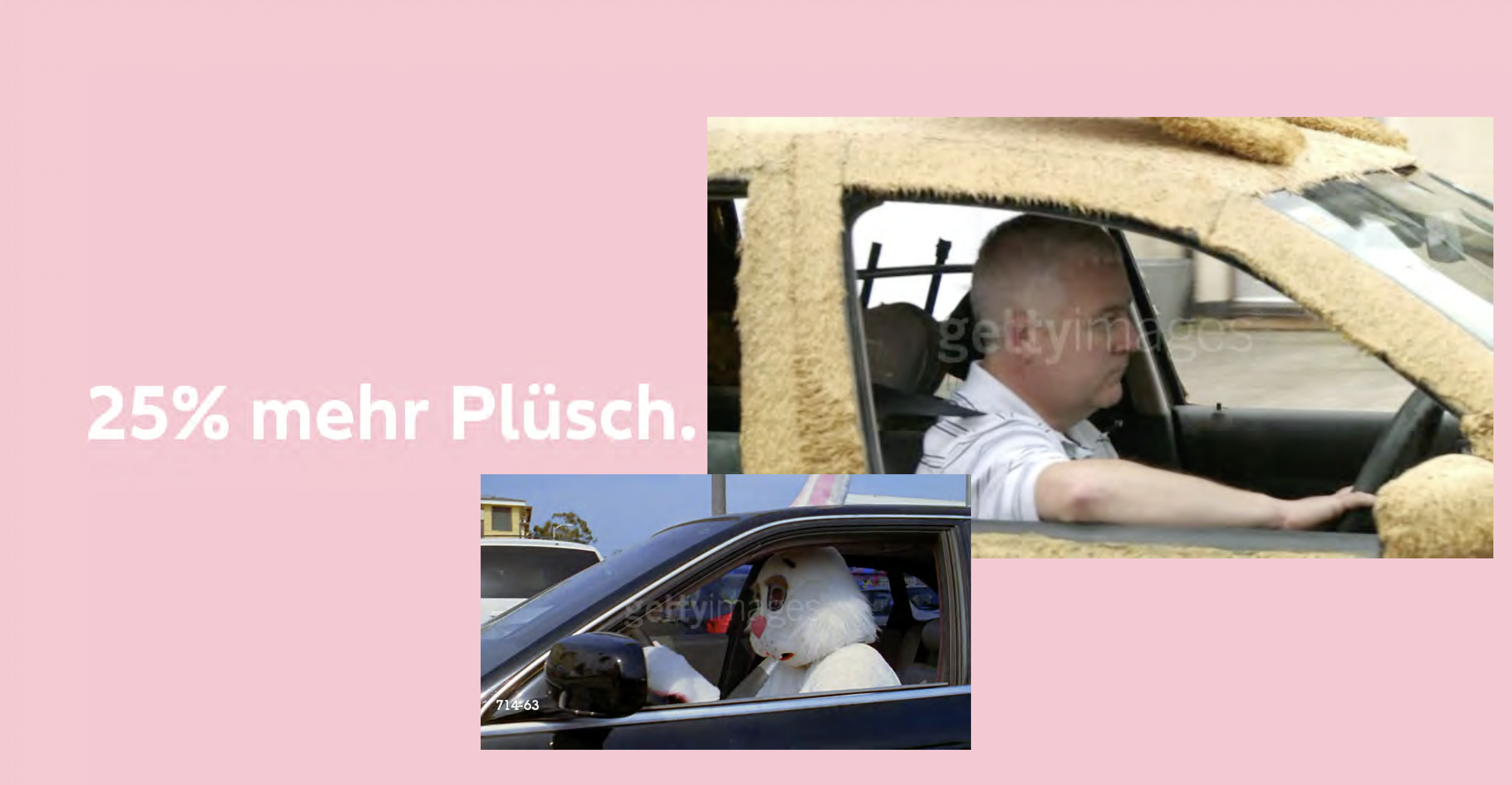 25% mehr Plüsch im Auto: beiges Plüschinterieur, blauer Wagen