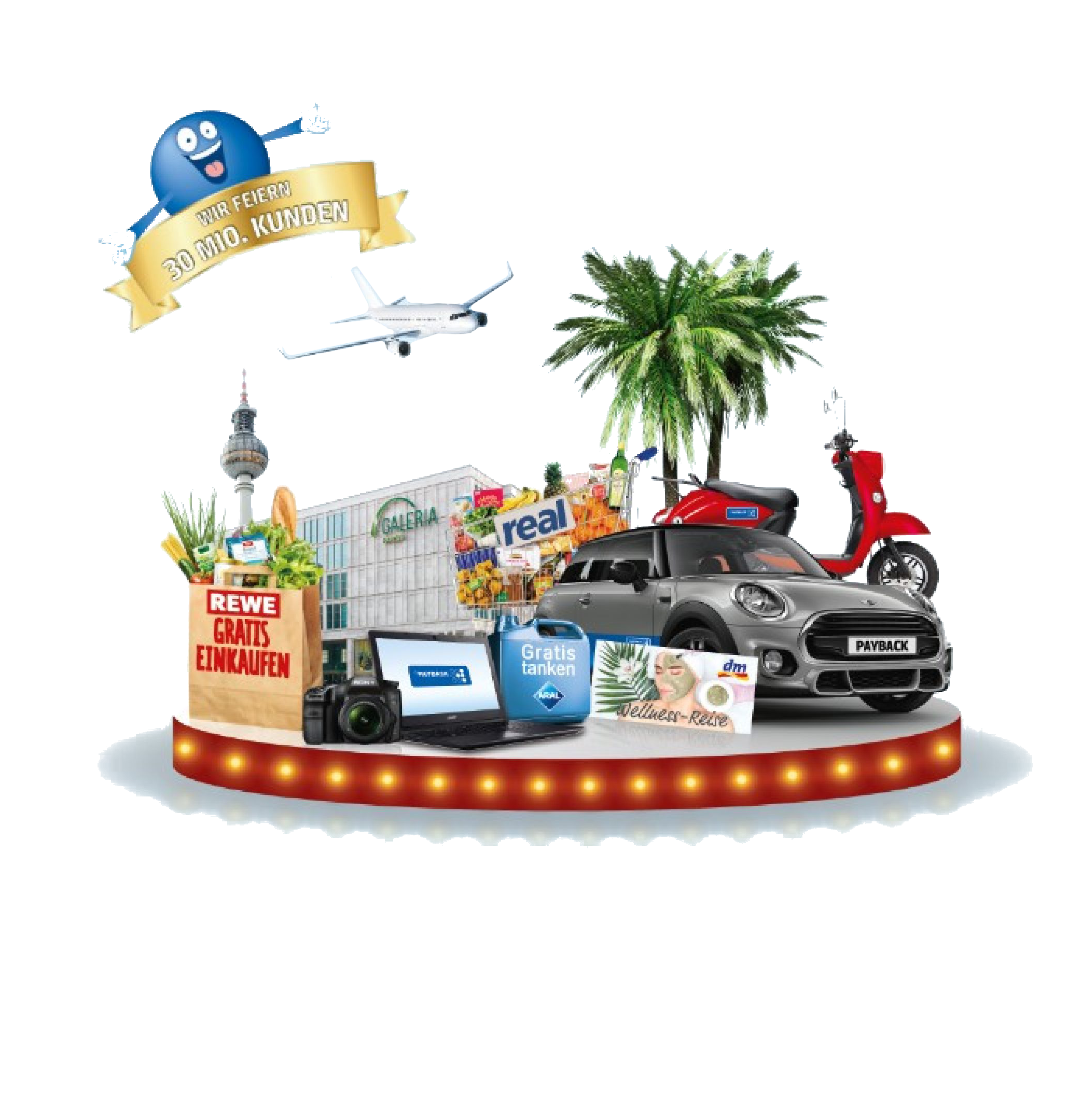Gewinnspiel: Auto, Scooter, TV und Traumreisen auf leuchtendem Bühnen-Podium
