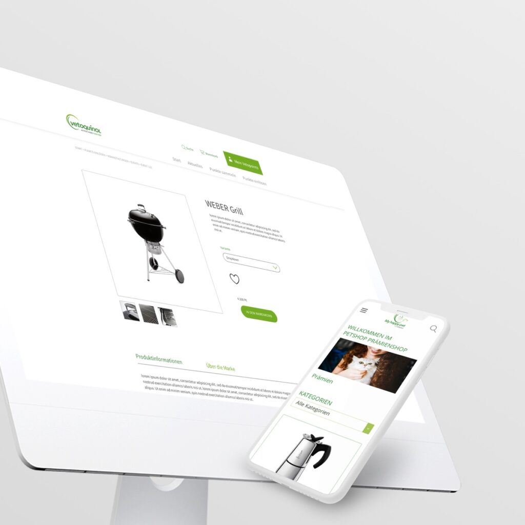 Responsive Produktseite Holzkohlegrill – Desktop- und Mobilansicht mit grünem Kaufen-Button