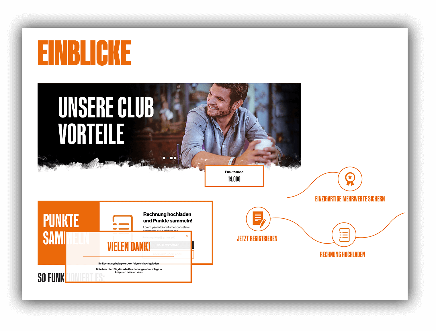 Club‑Vorteile: lächelnder Mann, orange Icons, exklusive Mitgliedschaftsangebote