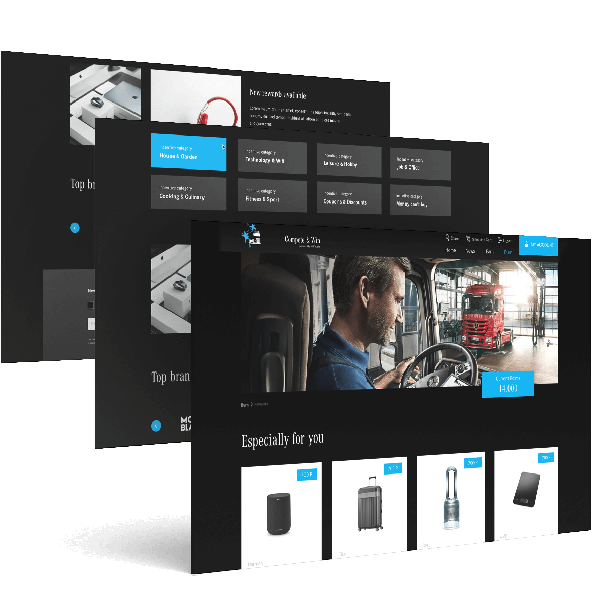 Prämienmanagement für Loyalty‑Programme: dunkles Web‑UI mit Hero, Produktempfehlungen und CTA