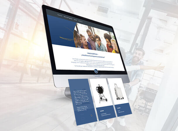 Monitor-Mockup mit modernem Webdesign und drei Feature-Karten im Büro