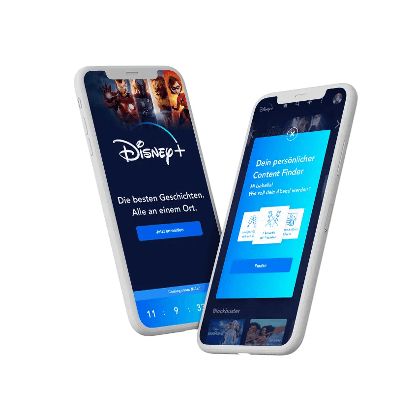 Disney+ Onboarding: Content Finder und Loyalty-Programme auf zwei Smartphone-Mockups