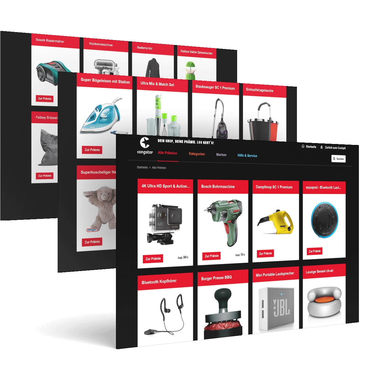 Prämienmanagement für Loyalty-Programme: modernes E-Commerce-Produktraster mit roten Labels