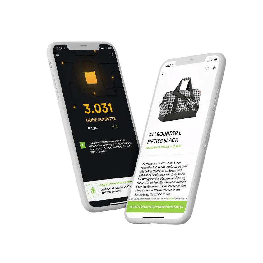 Loyalty-Plattform: Zwei Smartphone-Mockups mit dunklem Fitness-Tracker und hellem Shop-Interface.