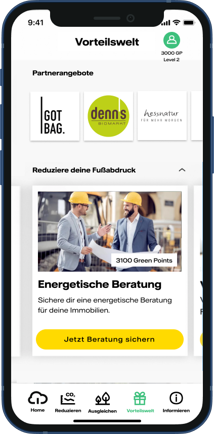 Vorteilswelt App: Energetische Beratung buchen und Green Points sammeln