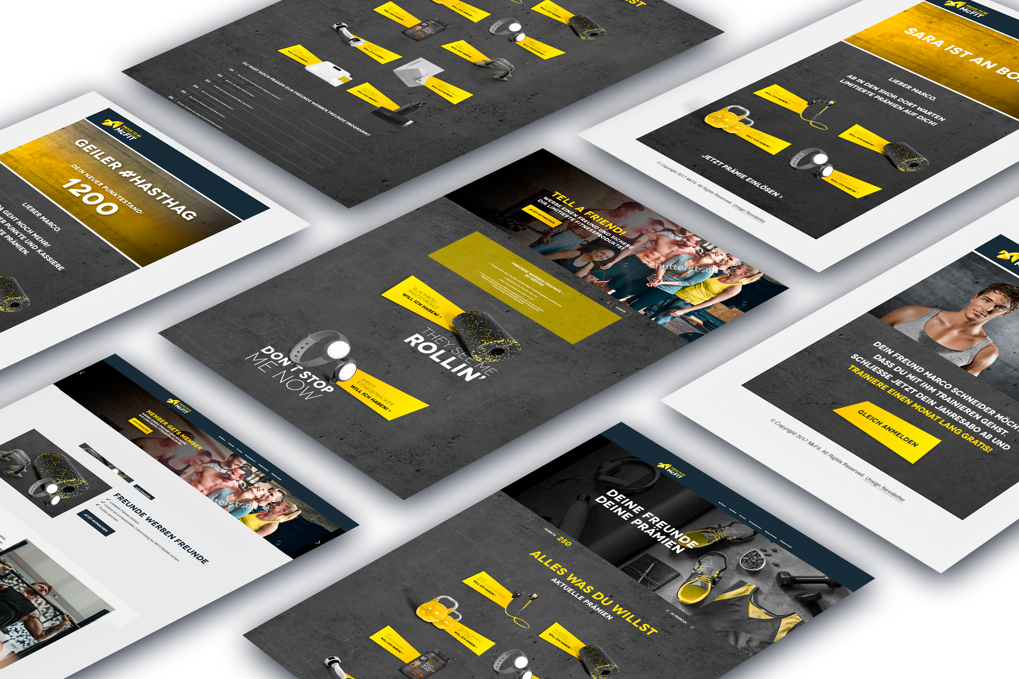 Dunkles Fitness‑E‑Commerce UI‑Mockup mit gelben Akzenten und Produktkacheln