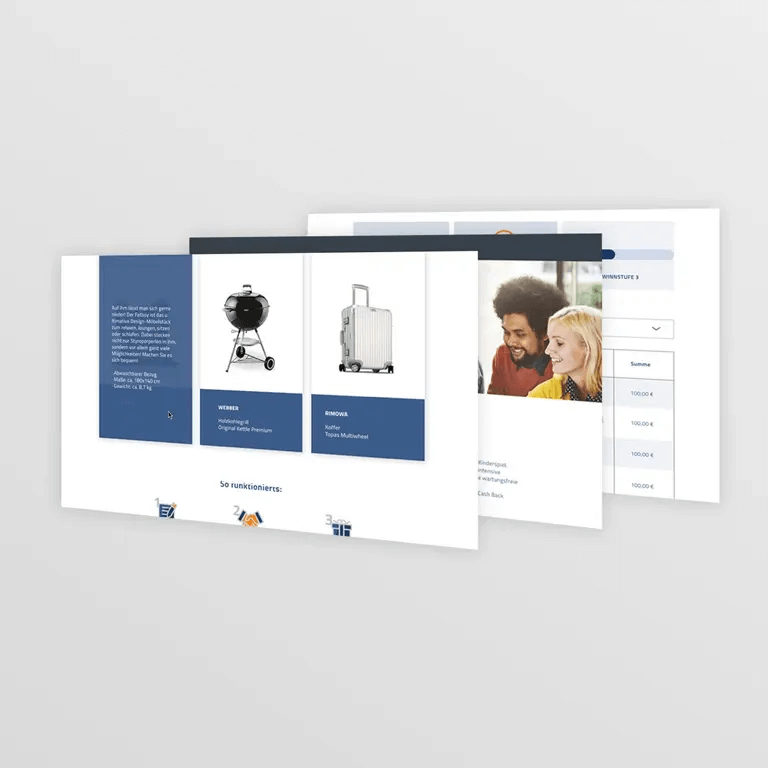 Modernes Website‑Mockup: Produktseite, Hero‑Bild und Anmeldeformular auf 3 Bildschirmen