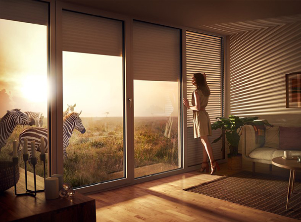 Wohnzimmer in der goldenen Stunde mit Zebras vor der Glastür
