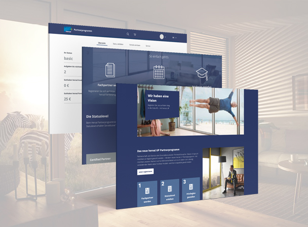 Blaues, responsives Webseiten-Mockup mit schwebenden Panels und Hero-Bild