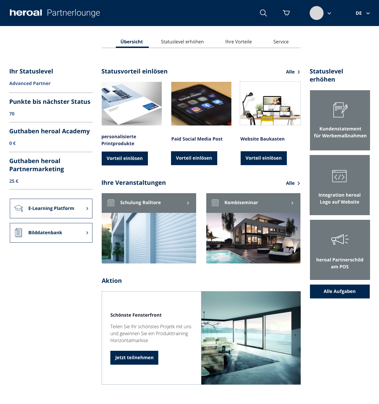 heroal Partnerlounge Dashboard: Status, Vorteile, Veranstaltungen