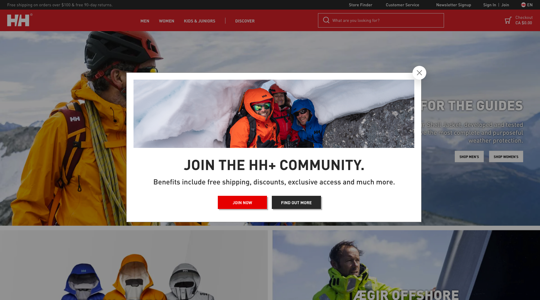 HH+ Winterangebot: Popup zur Anmeldung für Outdoor-Rabatte mit Schnee-Motiv