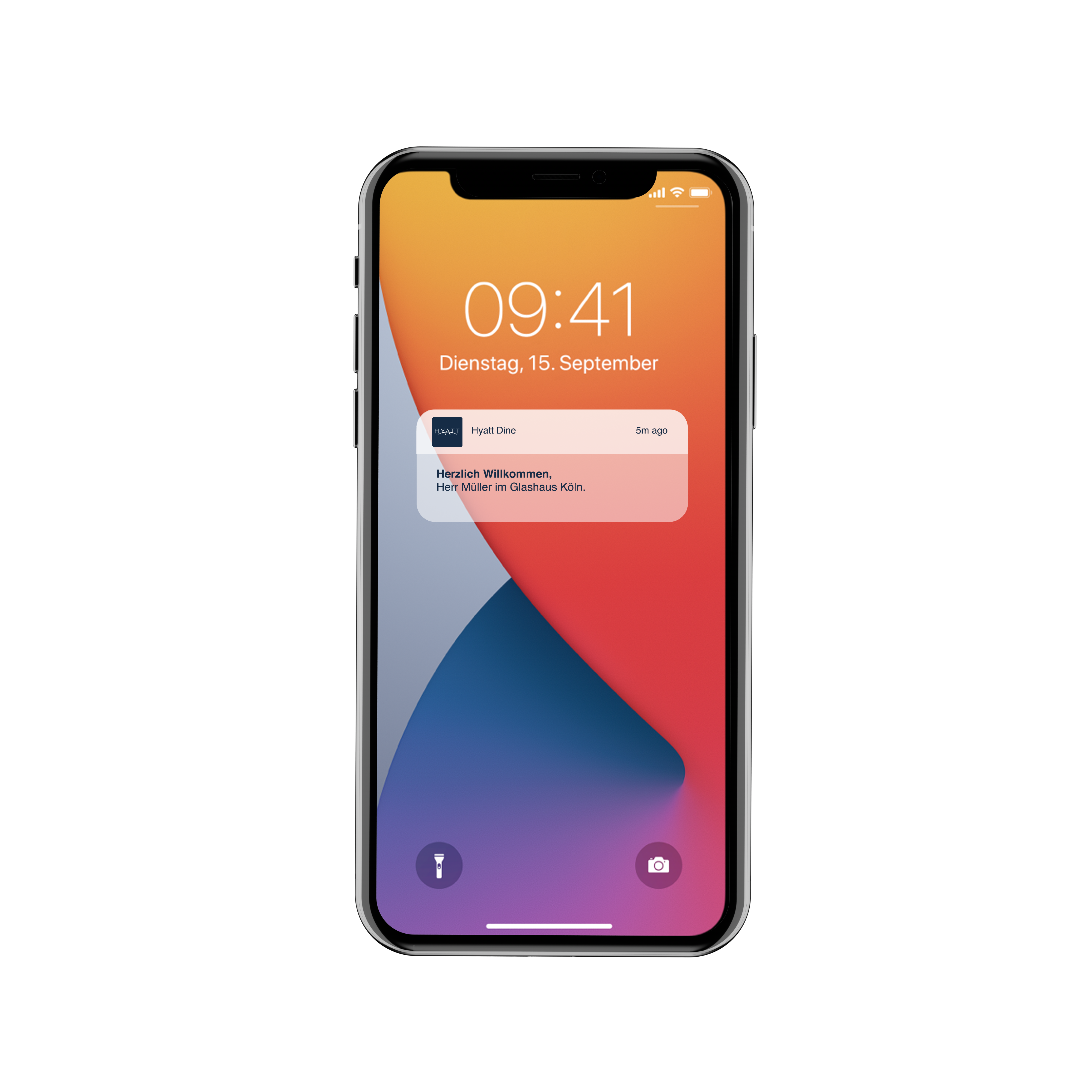 Smartphone-Sperrbildschirm mit buntem Hintergrund und Hyatt-Benachrichtigung