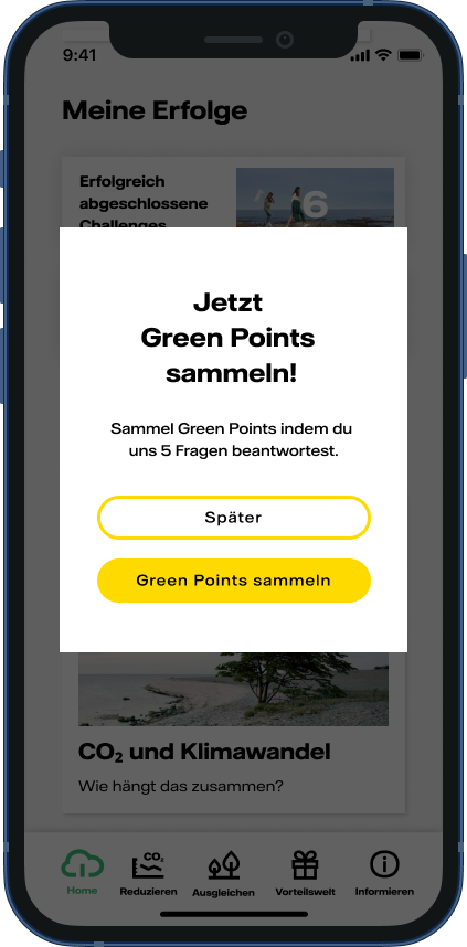 In-App-Dialog: Jetzt Green Points sammeln – 5 Fragen beantworten