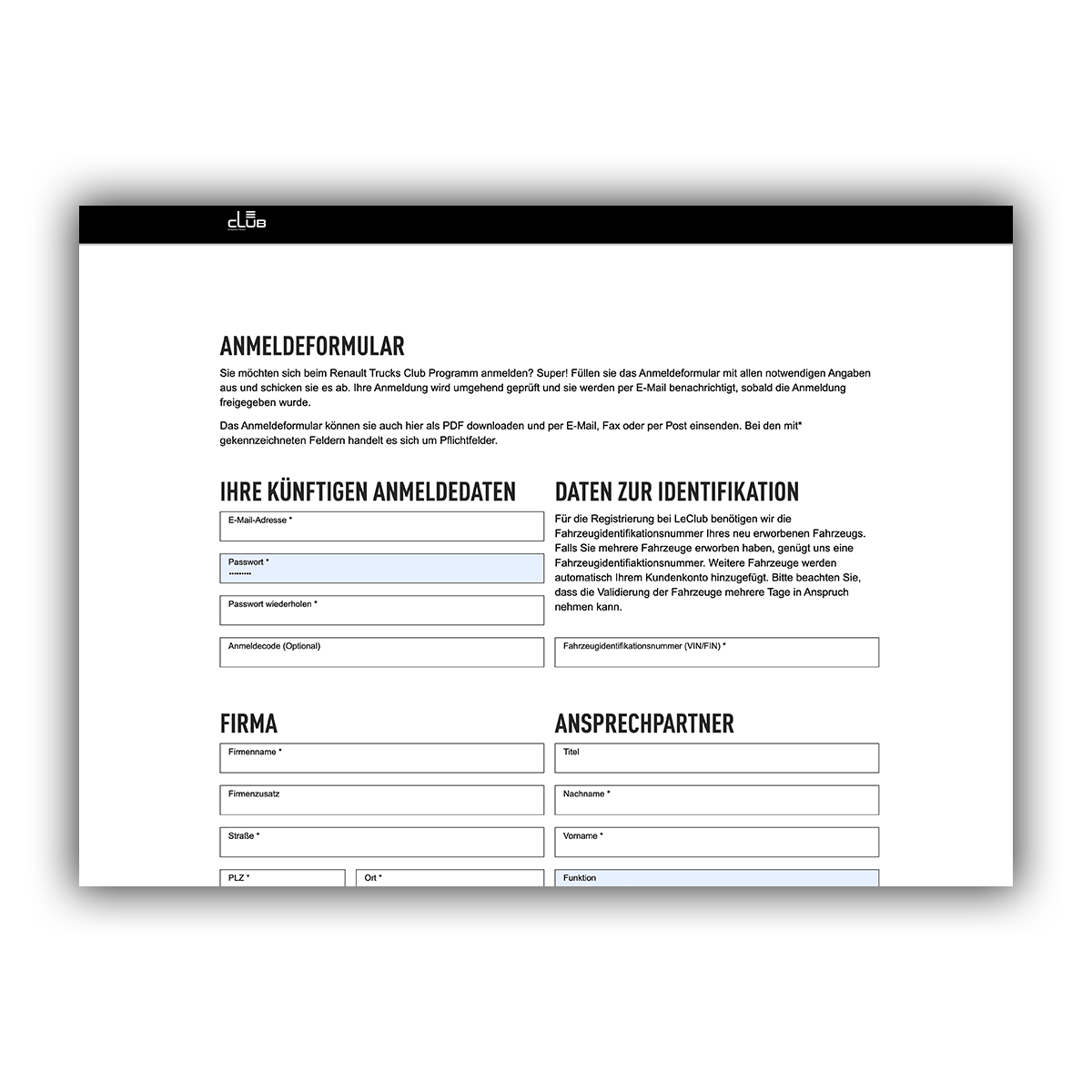 LeClub Registrierungsformular für Unternehmen und Ansprechpartner, minimalistisches zweispaltiges Design