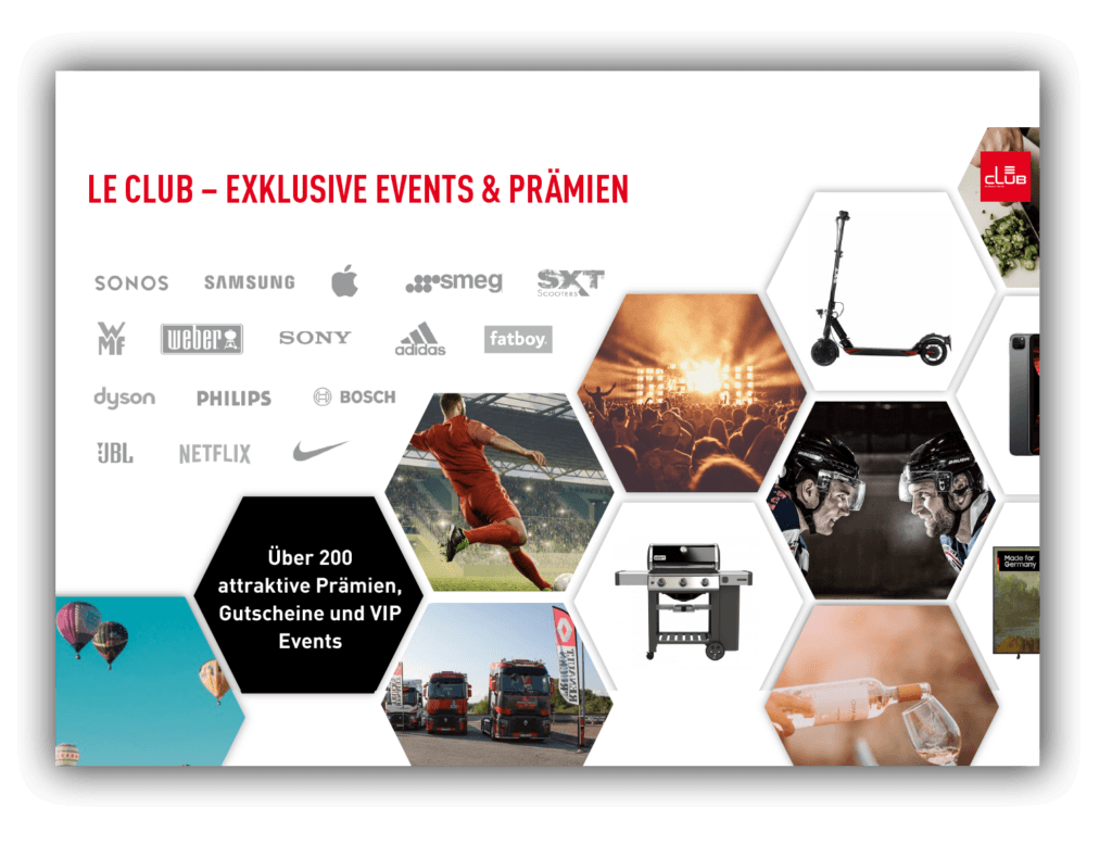 Ein modernes Loyalty-Programm-Design mit stilvollen Grafiken und ansprechenden Farben für LeClub