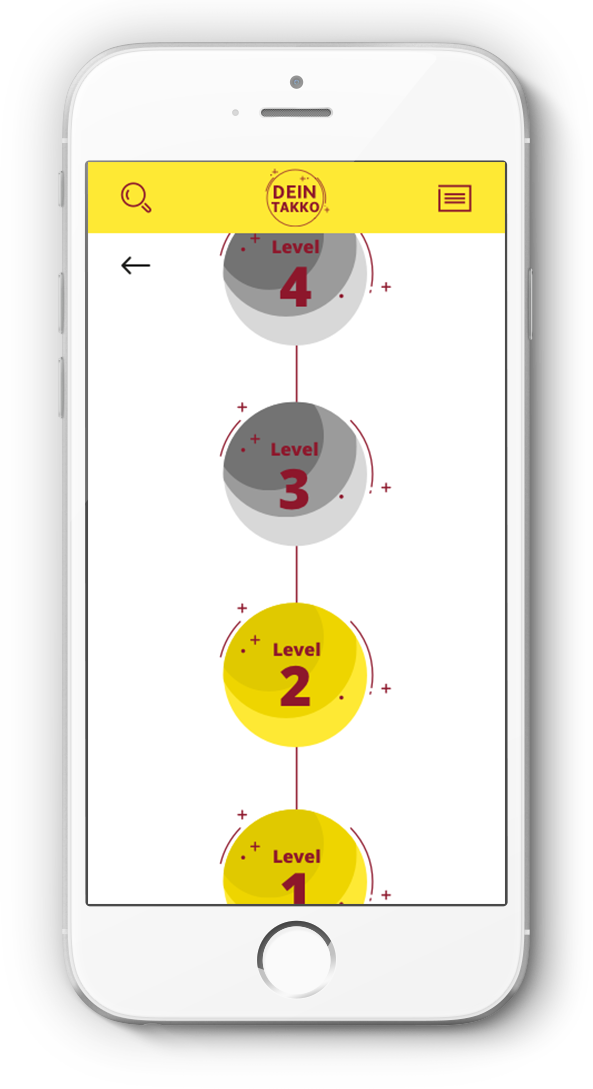 Level-Auswahl in App: vertikale Timeline mit Stufen 4–1, gelb und grau markiert