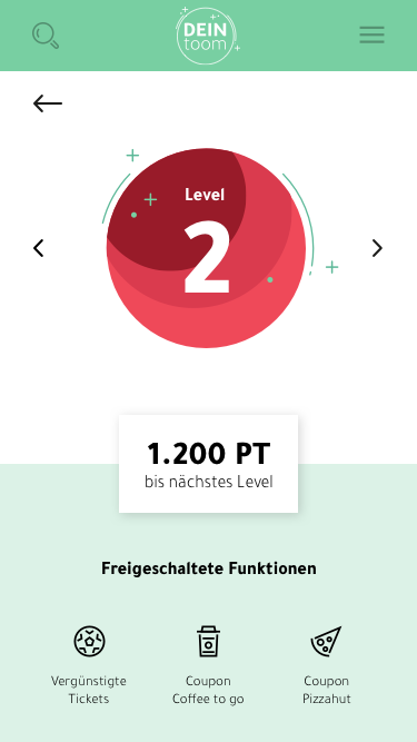 Treuebadge Level 2, 1.200 Punkte bis zum nächsten Level, Gutscheine für Tickets, Kaffee, Pizza