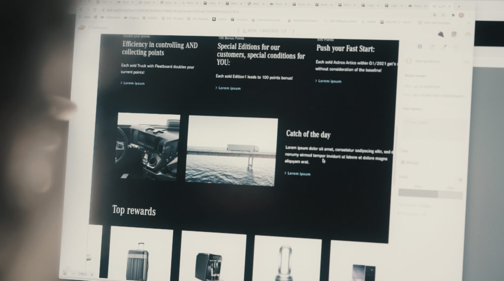 Loyalty-Plattform Dashboard: modulares Kartenlayout, zweispaltige Übersicht und Produktkacheln