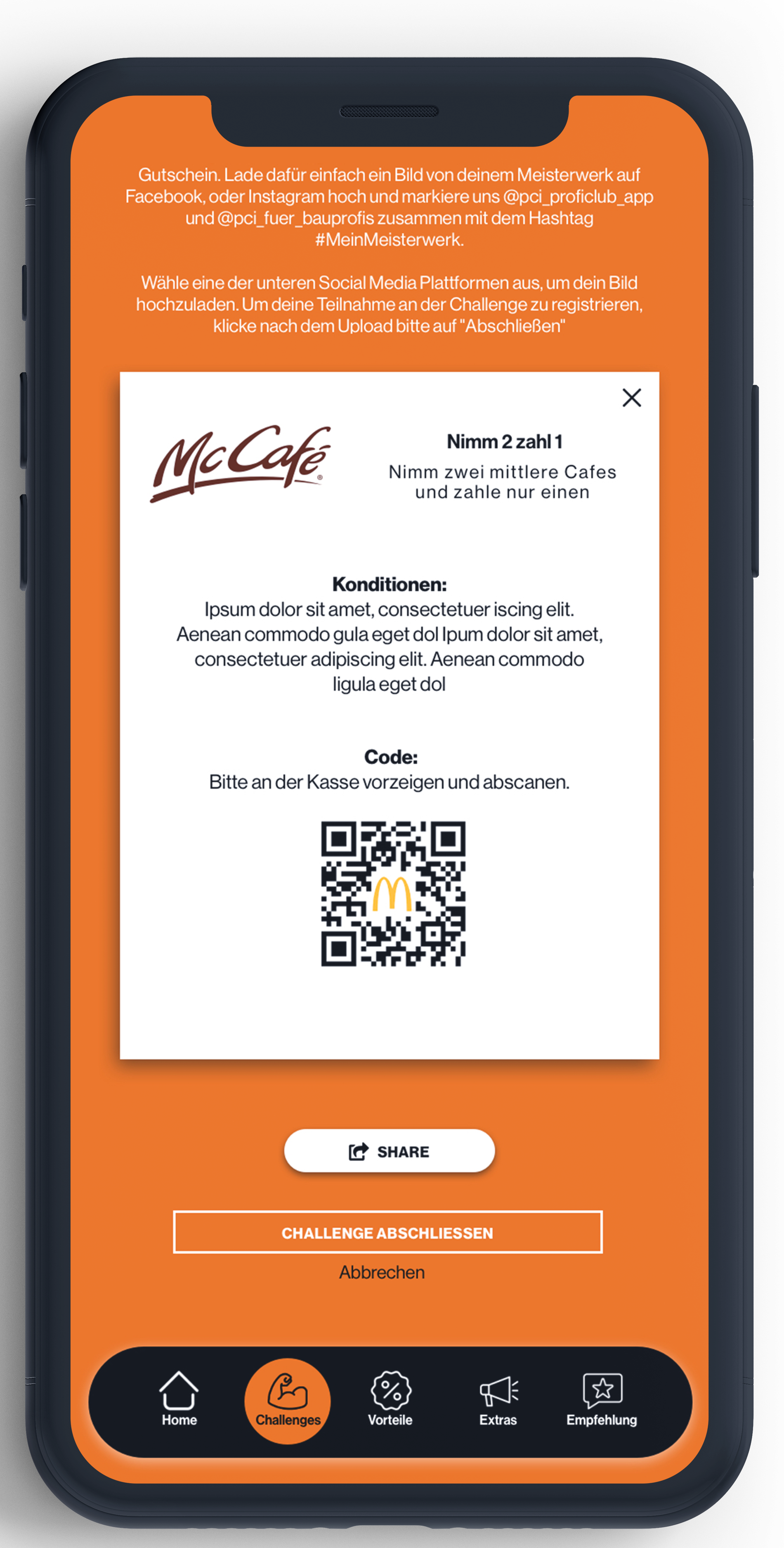 McCafé Gutschein in Smartphone‑App mit QR‑Code und Einlöse‑Button