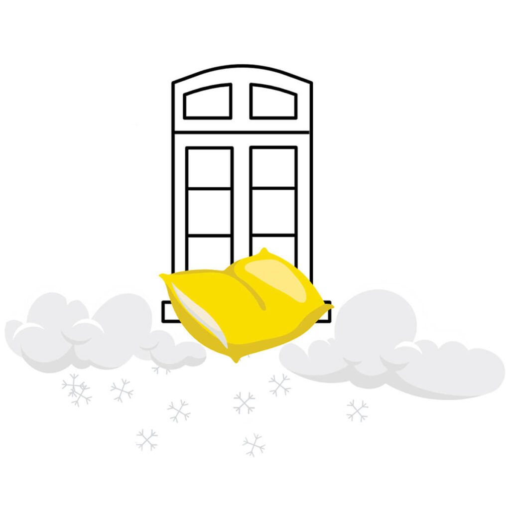 Minimalistisches schwebendes Fenster mit gelbem Kissen, Wolken und Sternen