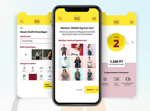 Mobile Mode‑App mit Outfit‑Galerie, Shop‑Funktionen und Prämienpunkten
