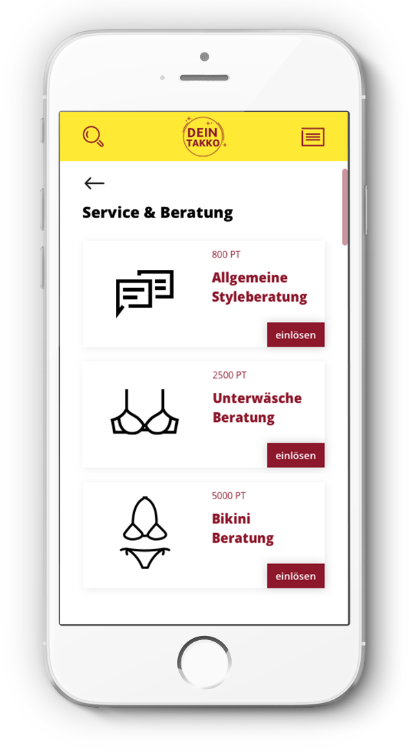 Servicekatalog der Styleberatung-App: Punkte einlösen für Allgemein-, Unterwäsche- und Bikiniberatung