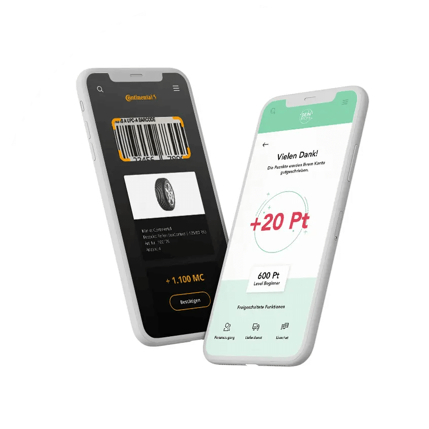 Loyalty‑Plattform: App mit Barcode‑Scanner und Punkteprämien auf zwei Smartphones