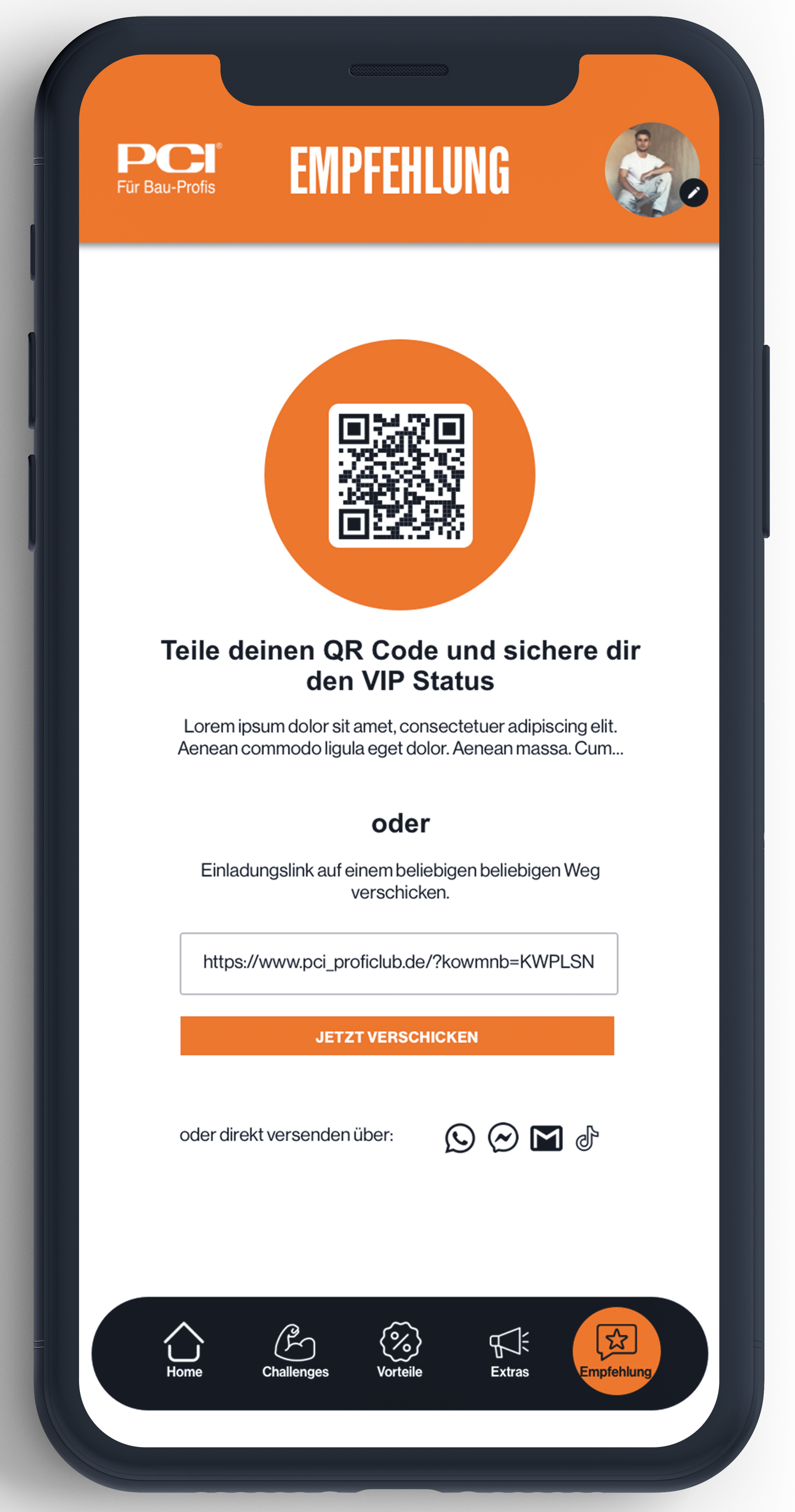 Smartphone-Ansicht: QR‑Code und Freigabelink für Empfehlung