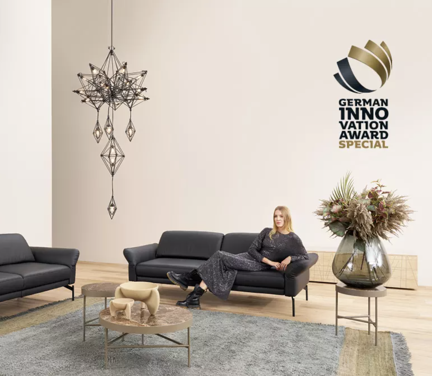 Modernes Wohnzimmer, Designer-Sofa und German Innovation Award-Logo