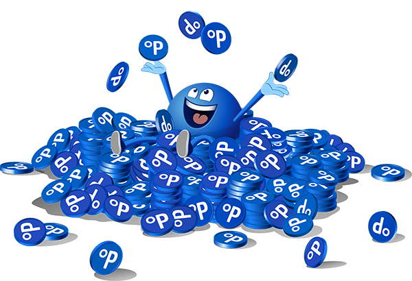 Multipartner Kundenbindungsprogramm: fröhliche blaue Figur im Token‑Regen