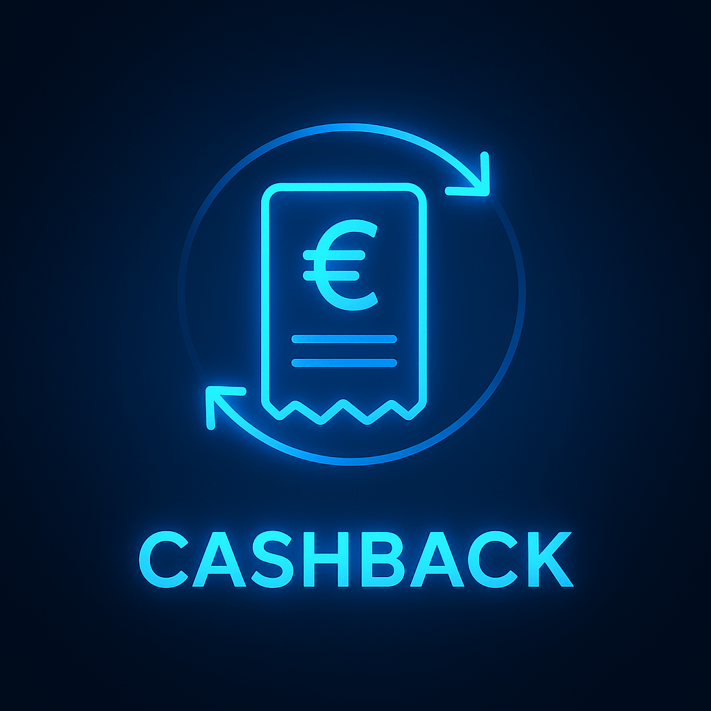 Neon-Cashback-Symbol: Euro-Beleg mit Rückerstattungs-Pfeilen