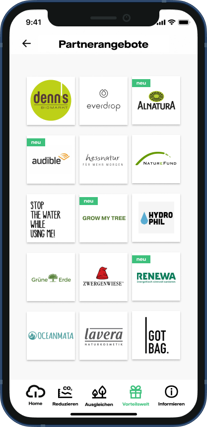 Screenshot Partnerangebote-App: nachhaltige Marken und Rabatte, Logo-Grid mit grünen Badges