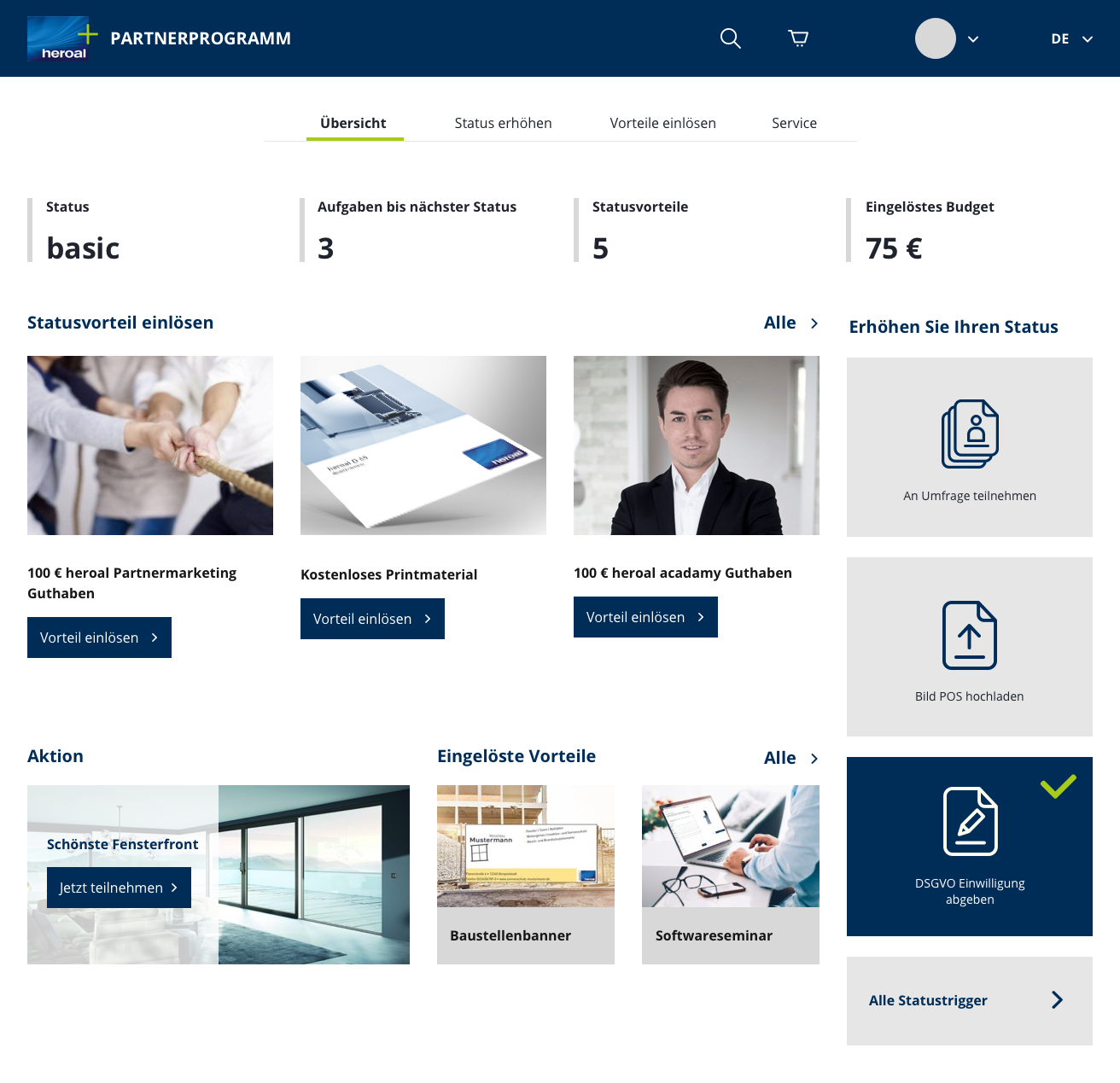 Partnerprogramm-Dashboard: Status, Vorteile, Gutscheine und Einlösungen