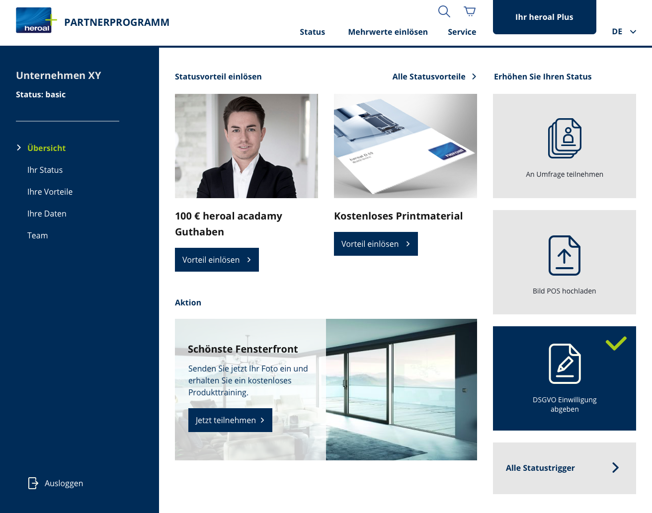 heroal Partnerprogramm Dashboard – Status, Vorteile und Aktionen übersichtlich anzeigen