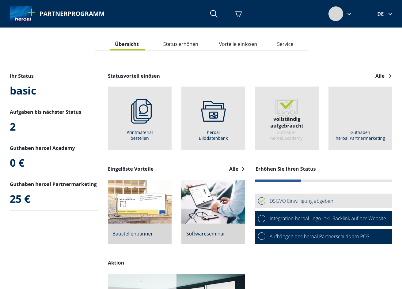 Partnerprogramm-Dashboard: Übersicht mit Status, Statusvorteilen und Einlösen