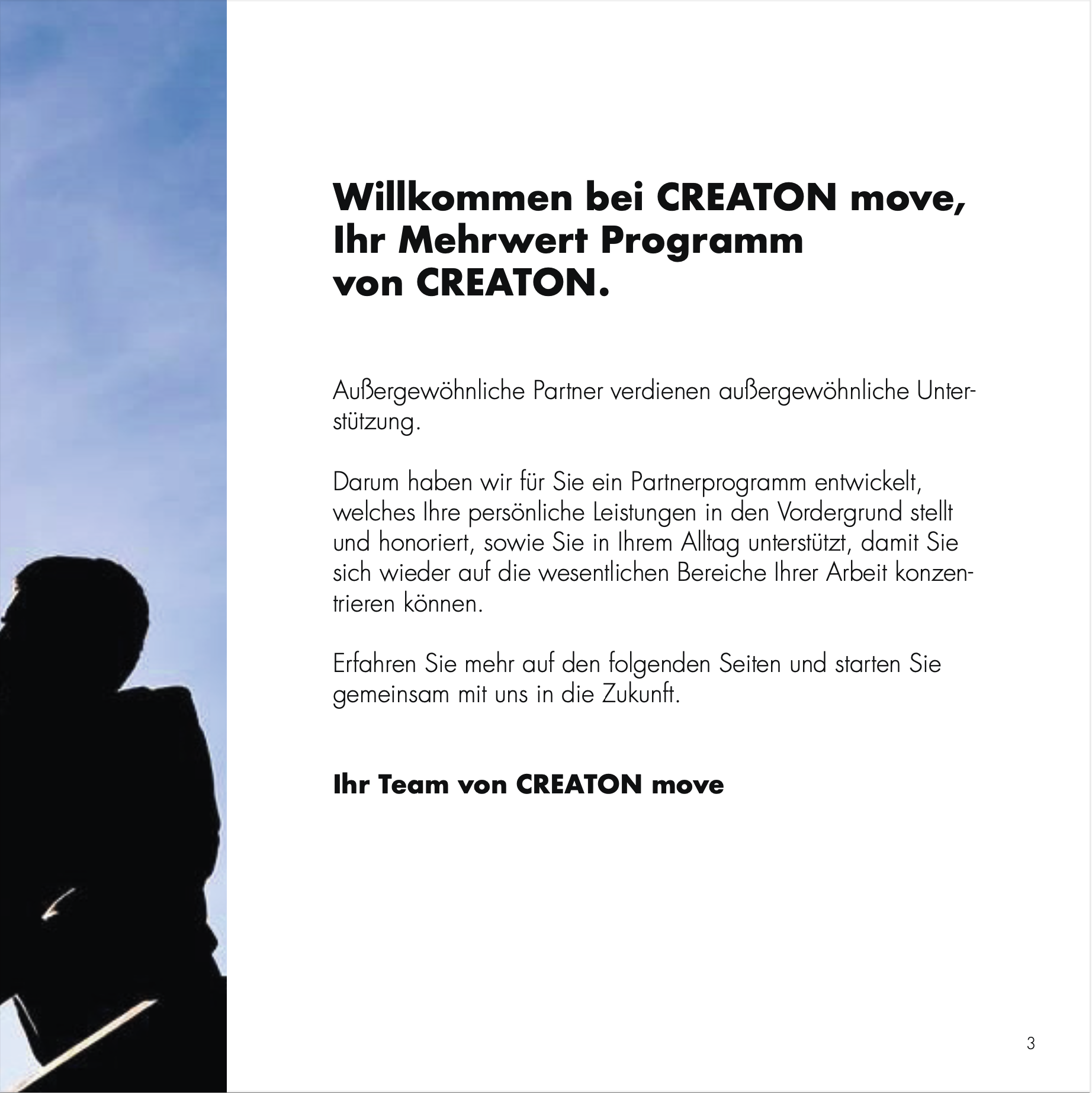 Partnerprogramm Photovoltaik für Verarbeiter – Willkommensseite von CREATON Move mit Silhouette