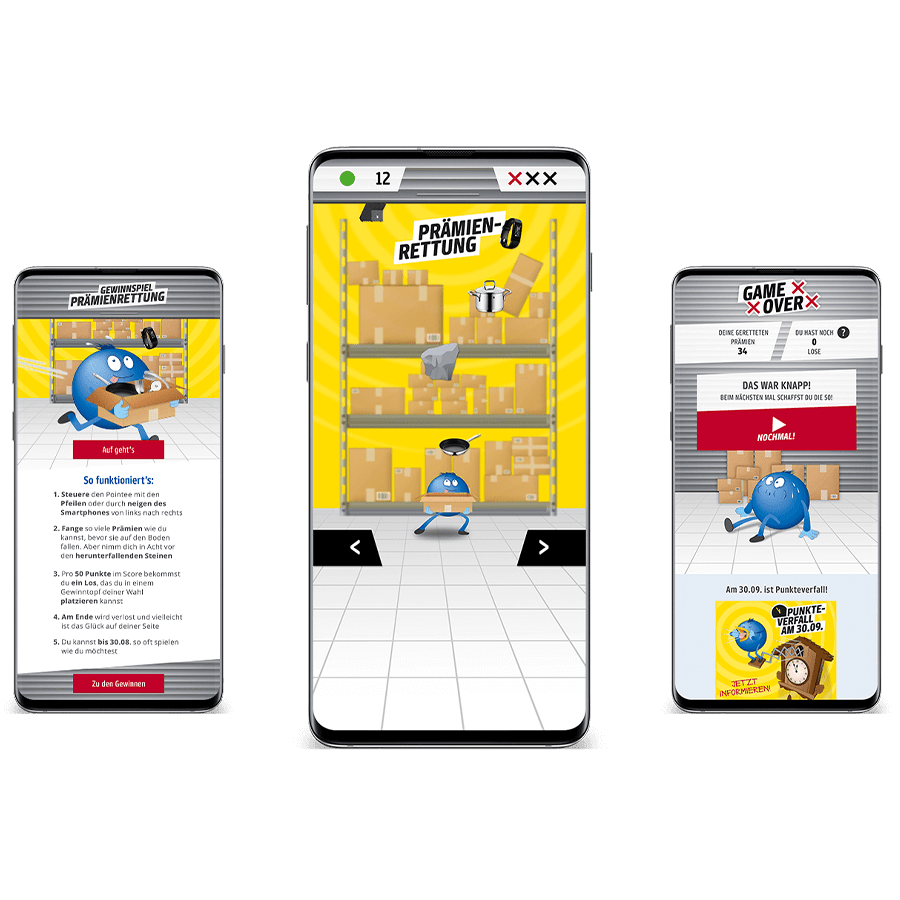Payback Gewinnspiel-App: Prämien-Rettung im Lager – drei Screenshots mit blauem Maskottchen
