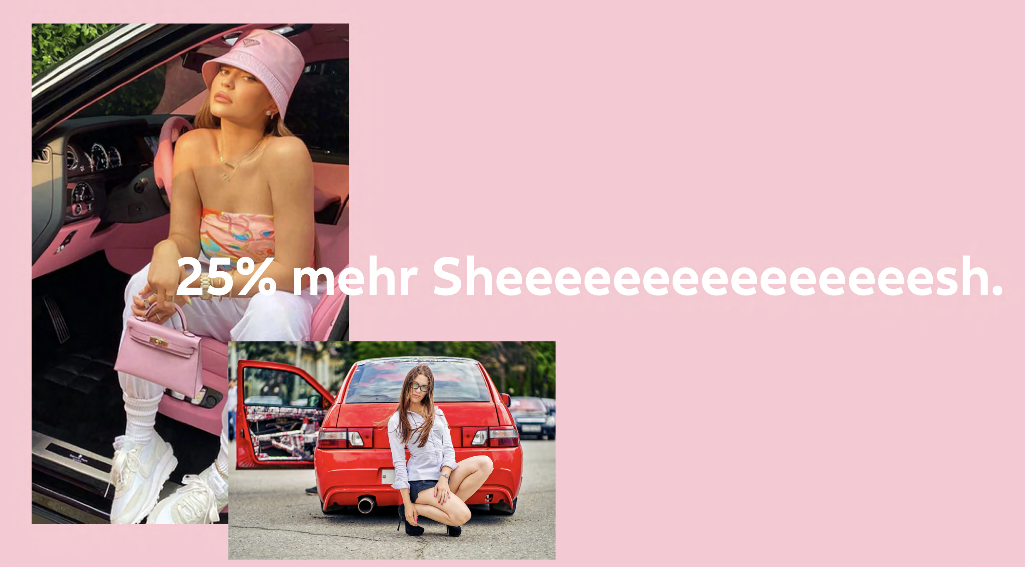 Pink Mode-Collage mit Model, Retro-Auto und Schriftzug 25% mehr Sheesh