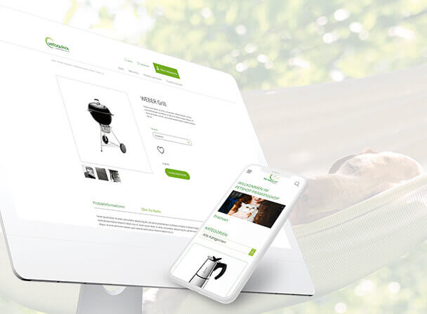 Responsives Shop-Layout mit Grill-Produktseite auf Desktop und Smartphone