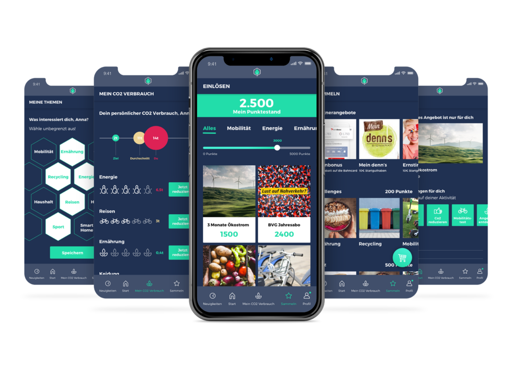 Prämien-App Mockup: Smartphone mit Punktekonto, Dashboard, Shop und Produktkacheln