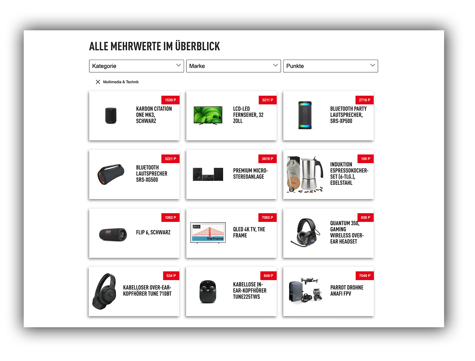 Prämienkatalog: Punkte einlösen, filterbare Produktübersicht mit Elektronik, Haushaltswaren, Gutscheinen
