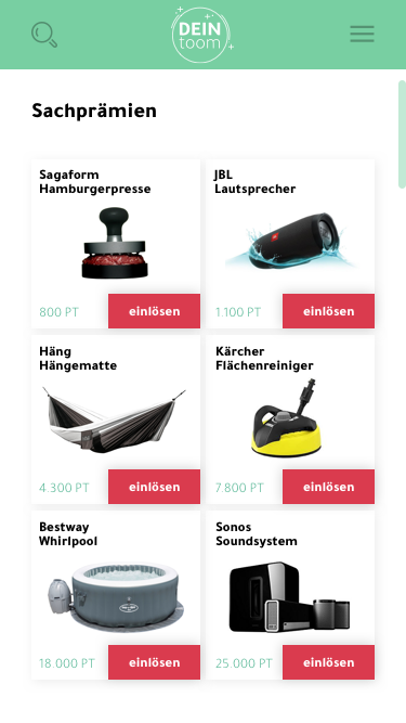 Mobiler Prämienkatalog: Sachprämien mit Produktkarten und roten einlösen‑Buttons