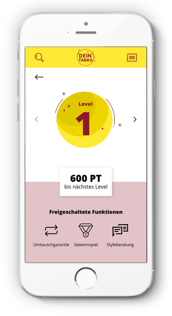Belohnungen-App: Level-1-Badge, 600 Punkte bis nächstes Level, freigeschaltete Funktionen
