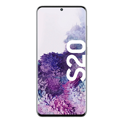 Samsung Galaxy S20 Frontansicht mit violettem Blumen-Design