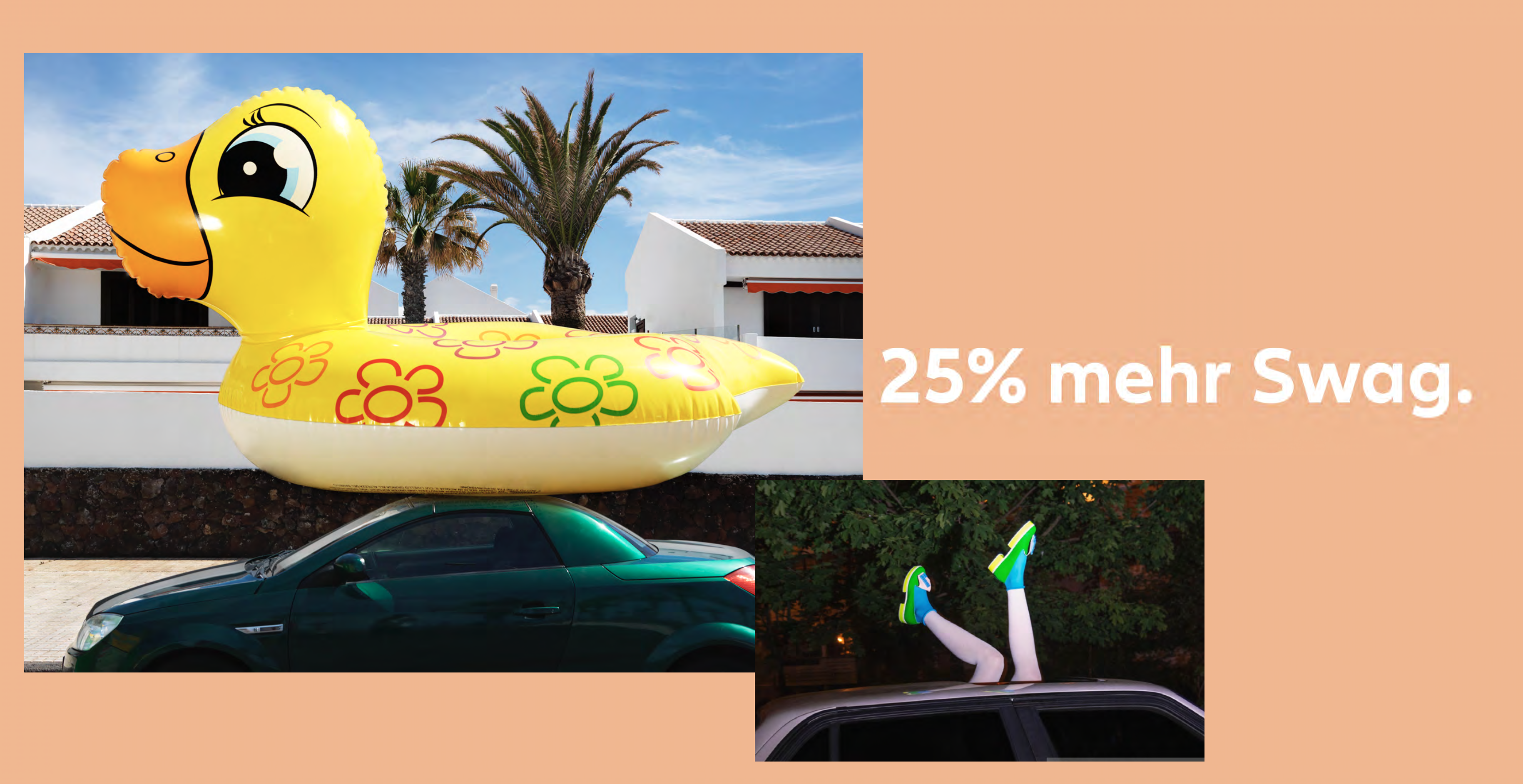 Riesige gelbe Badeente in Sommer-Collage, Auto, grüne Turnschuhe, 25% Rabatt