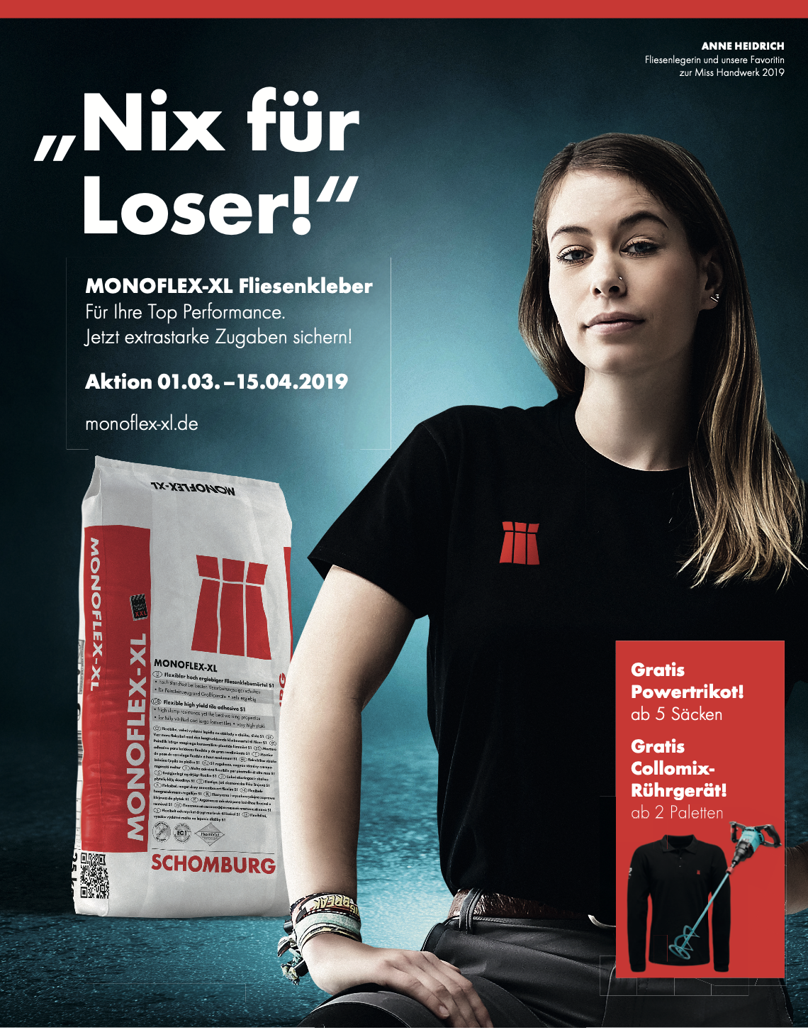 MONOFLEX‑XL Boden‑ und Fliesenkleber – Profi‑Bonusaktion mit selbstbewusster Frau und Produktbild