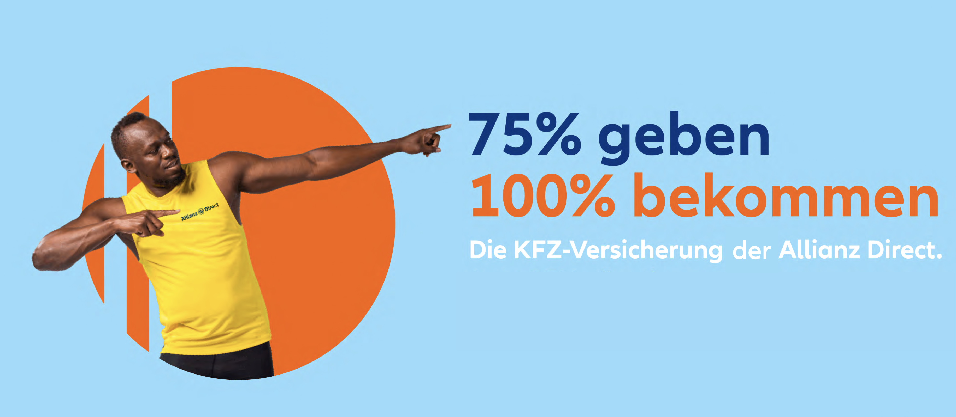 Allianz Direct KFZ-Versicherung: 75% geben, 100% bekommen – Mann zeigt auf Angebot