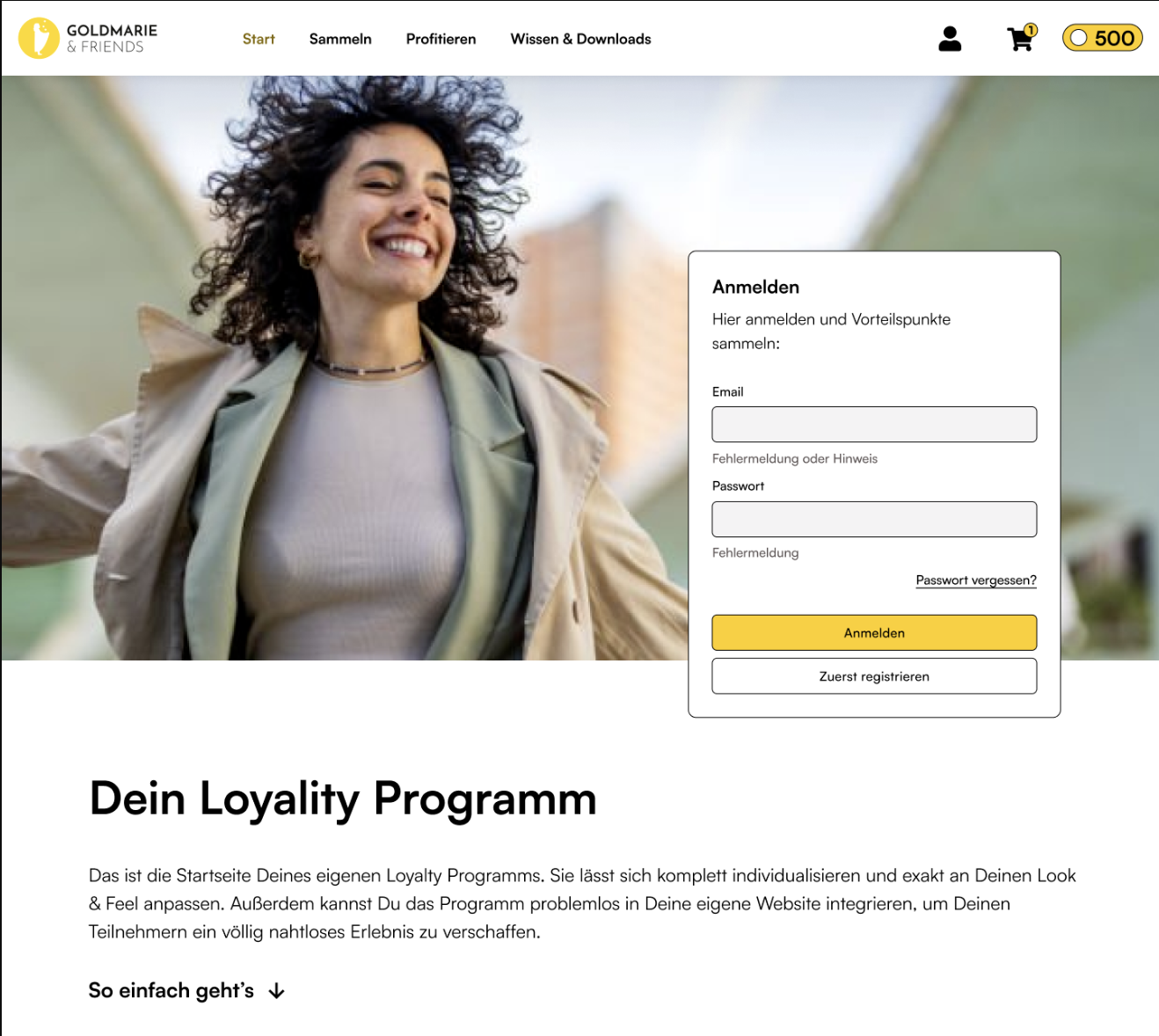 Bonusprogramm Software: Anmelden und Punkte sammeln – Login-Panel neben fröhlichem Porträtfoto