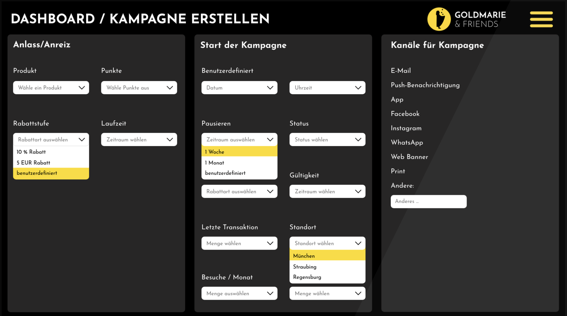 Loyalty-Plattform Dashboard: Kampagnen erstellen, Zeitplanung, Zielgruppen und Kontakt